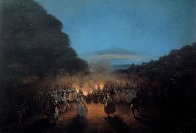 La Bamboula baila bambú (o palos) en la escena de la danza de los esclavos negros de las Indias Occidentales a la luz de las antorchas. Pintura de Honore Gamain (1803-1871) siglo XIX La Rochelle, Museo del Nuevo Mundo de Louis Honore Gamain
