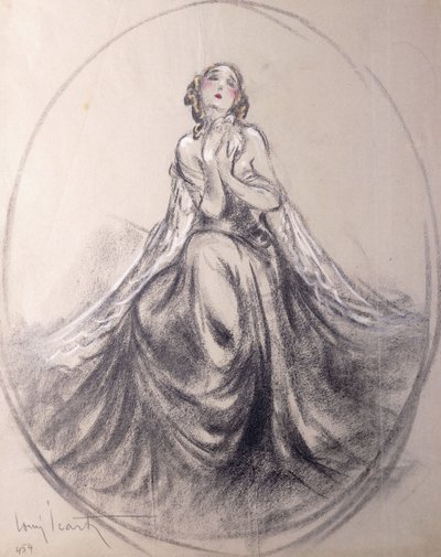 Una dama sentada en pose teatral de Louis Icart