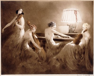 "La hora de la melodía", c.1934 (aguafuerte y punta seca en colores) de Louis Icart