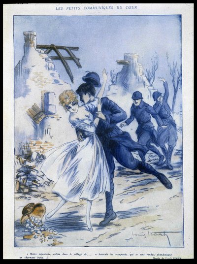 Soldados entrando en la ciudad, uno besando a una mujer, "botín encantador", Ilustración de Louis Icart (1888-1950) En "Fantasio" 15/12/1915 de Louis Icart