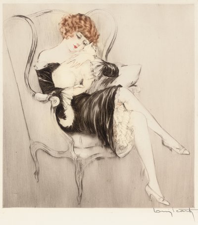 El gato dormido (aguafuerte y aguatinta coloreados a mano) de Louis Icart