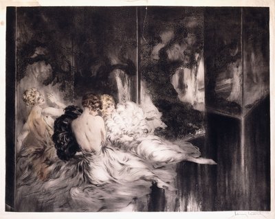Tres mujeres relajándose junto a una pantalla de Louis Icart
