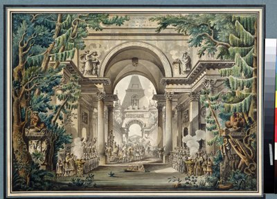 ""La procession au temple"" (Procesión en un templo) Escenografía para una obra de teatro. Acuarela de Louis Jean Desprez (1743-1804) Museo Pushkin, Moscú de Louis Jean Desprez