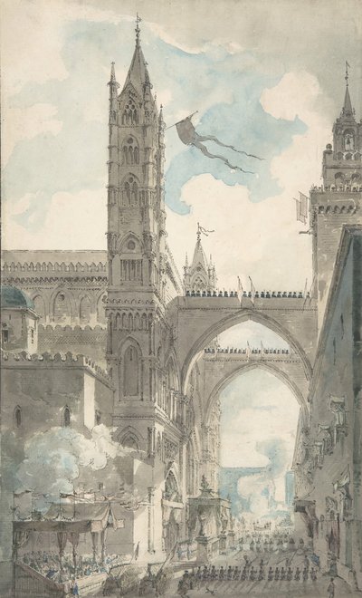 Vista del portal y entrada principal de la catedral de Palermo durante el festival de Louis Jean Desprez
