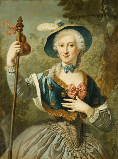 Retrato de una Dama, Tres Cuartos de Longitud, Vestida como una Peregrina, y Usando un Sombrero de Paja Forrado de Azul y una Pluma, 1747 de Louis Jean François Lagrenée