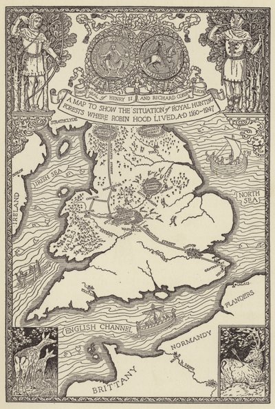 Un mapa para mostrar la situación de los bosques reales de caza donde vivió Robin Hood, AD 1160-1247 de Louis John Rhead