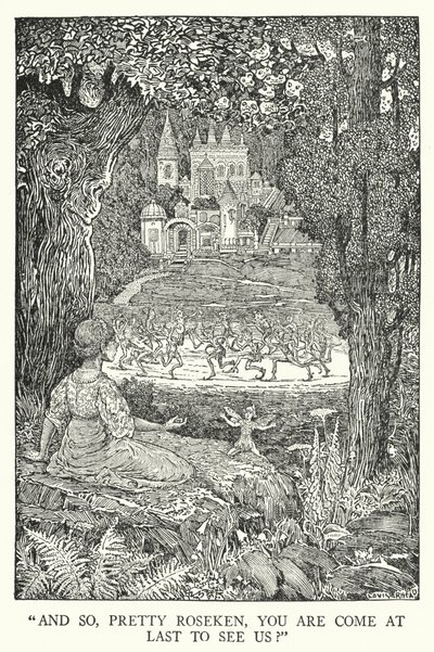 "Y así, linda Roseken, ¿has venido por fin a vernos?" (litografía) de Louis John Rhead