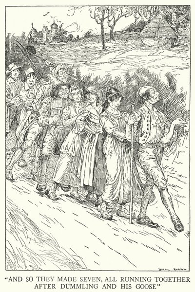 Y así hicieron siete, todos corriendo juntos tras Dummling y su ganso de Louis John Rhead