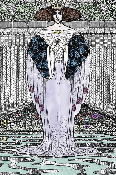 Representación de la Dama del Lago (Nimue, Viviane) Ilustración de Louis Rhead (1858-1926) para "El Rey Arturo y sus caballeros" de Louis John Rhead