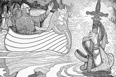Representación de la Dama del Lago (fee viviane), personaje de las leyendas artúricas, entregando al Rey Arturo la espada Excalibur (Arthurian legend: La Dama del Lago (Nimue, Viviane) entregando al Rey Arturo su espada Excalibur) Ilustración de Louis Rhea de Louis John Rhead