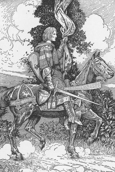 Sir Tristam cabalgando hacia el castillo de Tintagil Ilustración de Louis Rhead (1858-1926) de "El rey Arturo y sus caballeros" 1923 Colección particular de Louis John Rhead