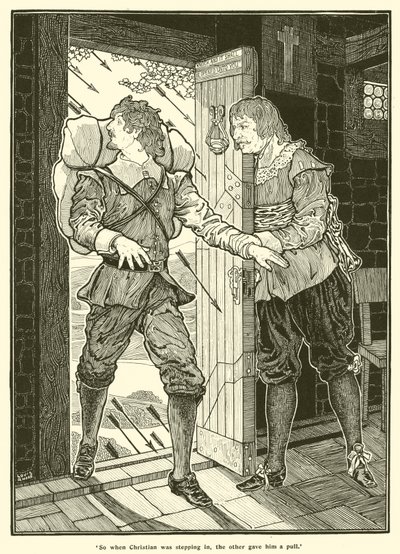 Entonces, cuando Christian estaba entrando, el otro le dio un tirón (grabado) de Louis John Rhead