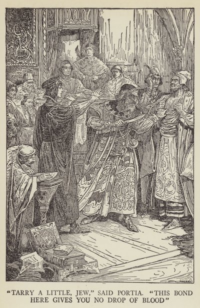 Espera un poco, judío, dijo Porcia, este contrato no te da ni una gota de sangre de Louis John Rhead