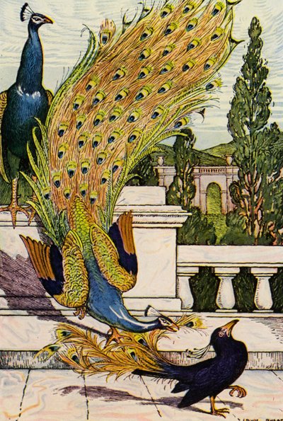 El pavo real y la urraca (litografía en color) de Louis John Rhead