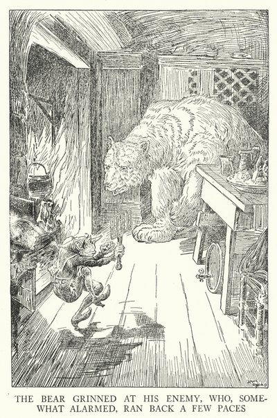 El oso sonrió a su enemigo, quien, algo alarmado, retrocedió unos pasos (litografía) de Louis John Rhead