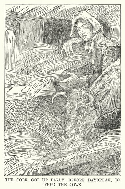 El cocinero se levantó temprano, antes del amanecer, para alimentar a las vacas (litografía) de Louis John Rhead