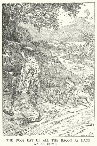 Los perros se comen todo el tocino mientras Hans camina a casa de Louis John Rhead