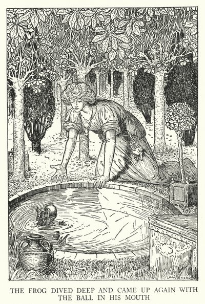 La rana se sumergió y volvió a salir con la pelota en la boca (litografía) de Louis John Rhead
