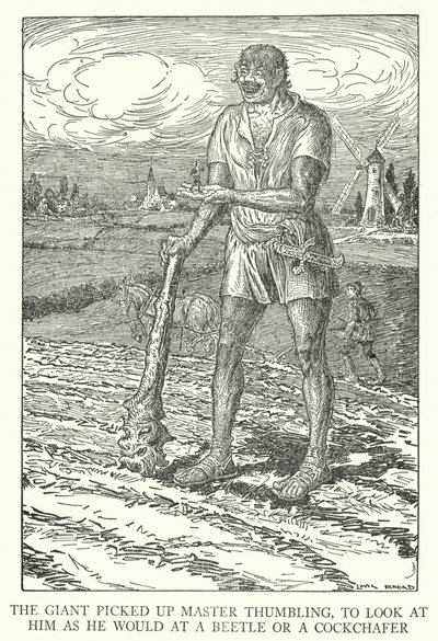 El gigante recogió al Maestro Pulgarcito, para mirarlo como lo haría con un escarabajo o un escarabajo de mayo (litografía) de Louis John Rhead