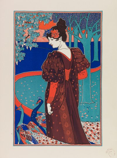 Mujer con pavos reales de Louis John Rhead