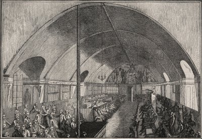 El antiguo club de los Jacobinos en la rue Saint-Honoré (Convento de los Jacobinos) - Una sesión en el club de los Jacobinos - Alexandre de Lameth preside mientras Mirabeau pronuncia un discurso (enero-febrero 1791) Grabado por Masquelier de Louis Joseph I Masquelier