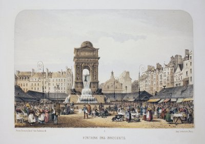 Fuente de los Inocentes (Fuente de las Ninfas), París. Litografía acuarela, ilustración de Arnout, en “Álbum, recuerdos de París”, editor Daziaro, París de Louis Jules Arnout