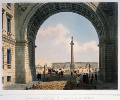 La Plaza del Palacio, vista desde el Arco del Cuartel General del Ejército (San Petersburgo) Litografía de Louis Jules Arnout (1814-1868), coloreada a la acuarela, 25,2 x 33,5 cm, hacia 1840. Arte francés de Louis Jules Arnout