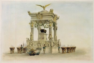 El ataúd de Napoleón I Bonaparte (1769-1821) en la iglesia de los Inválidos (París, Francia). (Ataúd de Napoleón en la Iglesia de Los Inválidos). Obra de Louis Jules Arnout (1814-1868), litografía y acuarela. Arte francés del siglo XIX, clasicismo. de Louis Jules Arnout