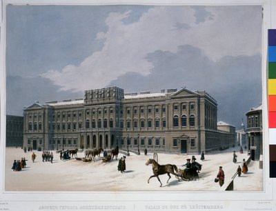 El Palacio Mariinsky en la Plaza de San Isaac en San Petersburgo. Litografía de Louis Jules Arnout (1814-1868), coloreada en acuarela, hacia 1840. Arte francés, clasicismo. Un empujón de Louis Jules Arnout