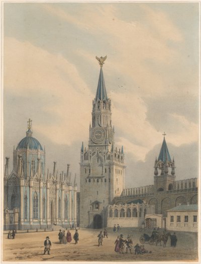 La Torre Spasskaya Puertas del Salvador y la Iglesia de Santa Catalina del Convento de la Ascensión en el Kremlin de Moscú de Louis Jules Arnout