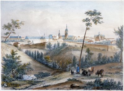 Boyero en el campo bretón (Dinan a lo lejos) - litografía por Jacottet y Benoist de Louis Julien Jacottet