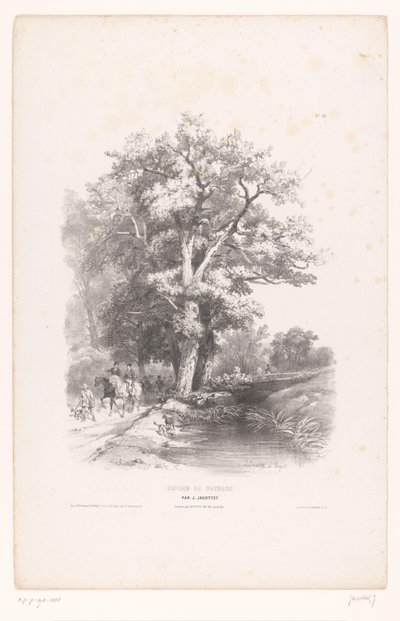 Cazadores con perros a lo largo de una zanja en un bosque Curso de dibujo de paisajes (título de la serie) Cours de Paysage (título de la serie sobre el objeto) de Louis Julien Jacottet