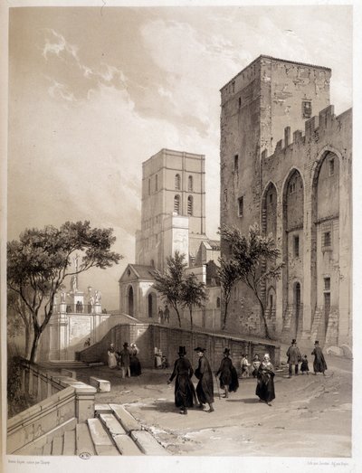 Palacio de los Papas en Aviñón, y los paseantes de Aviñón en el siglo XIX de Louis Julien Jacottet