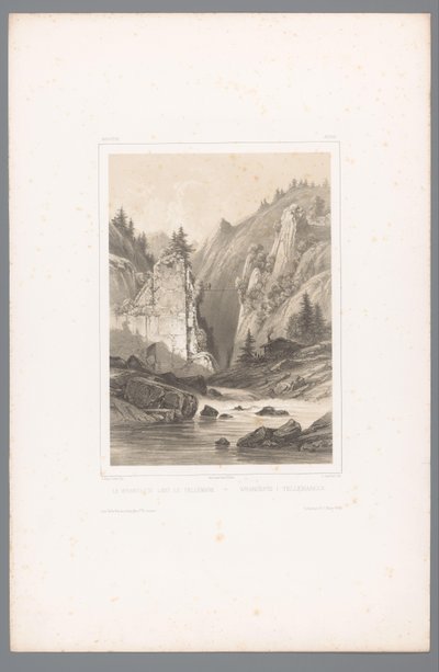 Vista de un puente sobre un desfiladero de rocas en Telemark Le Wrangefos dans le Tellemark / Wrangefòs i Tellemarken (título sobre objeto) Rostros en Escandinavia (título de la serie) Vues du Nord. Noruega (título de la serie) de Louis Julien Jacottet