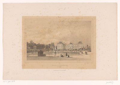 Vista del Palacio de Luxemburgo desde el Jardín de Luxemburgo
Palais du Luxembourg, Côté du Jardin (título en el objeto)
Vistas de París y sus alrededores (título de la serie)
París (título de la serie en el objeto) de Louis Julien Jacottet