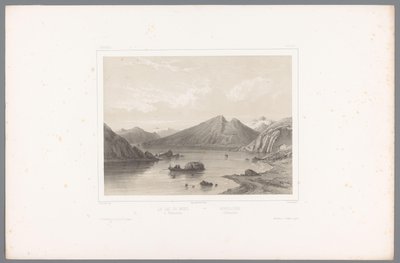 Vista del lago Norsjø en Telemark Le lac du Nord à Tellemarken / Nordsjóen i Tellemarken (título sobre el objeto) Rostros en Escandinavia (título de la serie) Vues du Nord. Noruega (título de la serie) de Louis Julien Jacottet