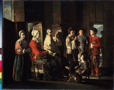 ""La visita a la abuela"" (The Visit to the Grandmother) Familia reunida en torno a una anciana en un interior campesino, uno de los jóvenes toca la flauta. Alegoría de la unidad familiar a través de las diferentes generaciones. Pintura de Luis de Louis le Nain