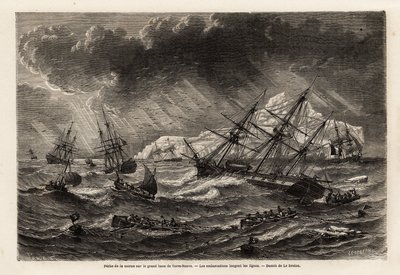 Pesca de bacalao en el Gran Banco de Terranova, los barcos siguen las líneas, dibujo de Lebreton, para ilustrar el viaje a Terranova en 1860 por A. de Gobineau. Grabado en "Le tour du monde", editado por Edouard Charton de Louis Le Breton
