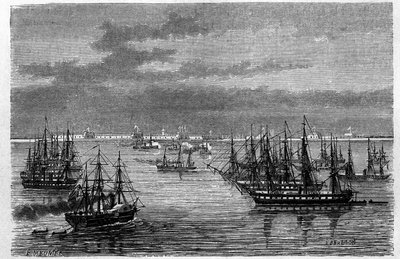 Vista del escuadrón anglo-francés en la desembocadura del río Hai He en el mar de Bohai en Tanggu, China. Grabado por Lebreton, en 