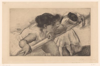 Dos bailarinas en una barra de ballet. En nage (título sobre objeto) Jóvenes bailarinas (título de la serie) Les Petites du ballet (título de la serie) de Louis Legrand (signed by artist)