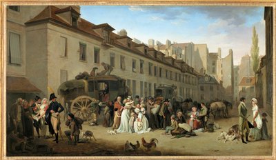 La llegada de un autocar al patio de las Messageries, rue Notre-Dame-des-Victoires, en París ... de Louis Leopold Boilly