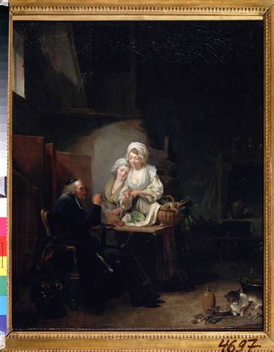 ""The old vicar"" (un viejo coadjutor) Dos mujeres ayudan a un anciano coadjutor en la cocina. Pintura de Louis-Leopold (Louis Leopold) Boilly (1761-1845) 1785-1800 Museo Pushkin, Moscú de Louis Leopold Boilly