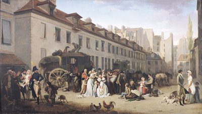 La llegada de una diligencia a la terminal, rue Notre-Dame-des-Victoires, París de Louis Leopold Boilly