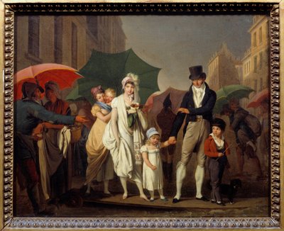 La lluvia. Burgueses parisinos vestidos a la moda del Primer Imperio protegiéndose de la lluvia de Louis Leopold Boilly