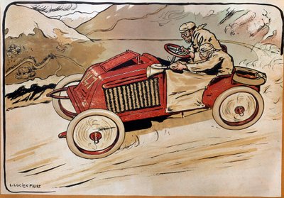 Automóvil: un coche de carreras. Marcel Renault (1872-1903) y Rene Vauthier cruzando los Alpes durante la carrera PARÍS-VIENA en 1902 en el coche 147. Litografía de Louis Lucien Faure Dujarric (1872-?), siglo XX. Conservatoire national des Arts et Metiers, de Louis Lucien Faure Dujarric
