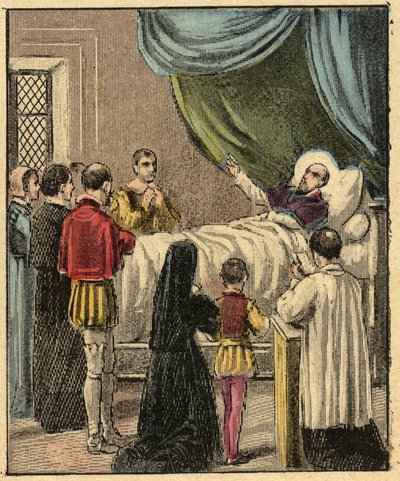 Muerte de San Francisco de Sales - Muerte de San Francisco de Sales (1567-1622) - Grabado de "La enseñanza religiosa por los ojos. Álbum maravilloso" de Louis Maitrejean y Georget Ramond - Francia 1910 de Louis Maitrejean