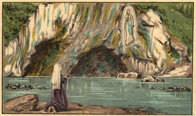 La Aparición de la Virgen María en Lourdes - La Virgen se aparece a Bernadette Soubirous (1844-1879) en Lourdes en 1858 - - Grabado de "Enseñanza religiosa por los ojos. Álbum maravilloso" de Louis Maitrejean y Georget Ramond - Francia 1910 de Louis Maitrejean