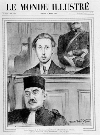Escena de juicio. Eugene Cottin, el agresor de Georges Benjamin Clemenceau, apareció ante el 3er Consejo de Guerra (boceto de audiencia por Louis Malteste) - en Le Monde Illustré del 15/02/1919 de Louis Malteste