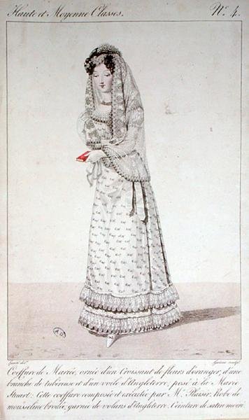Vestido de novia y peinado, lámina de moda n.º 4 de la serie 
