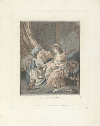 Madre con niño y criada Les soins maternels (título sobre el objeto) de Louis Marin Bonnet